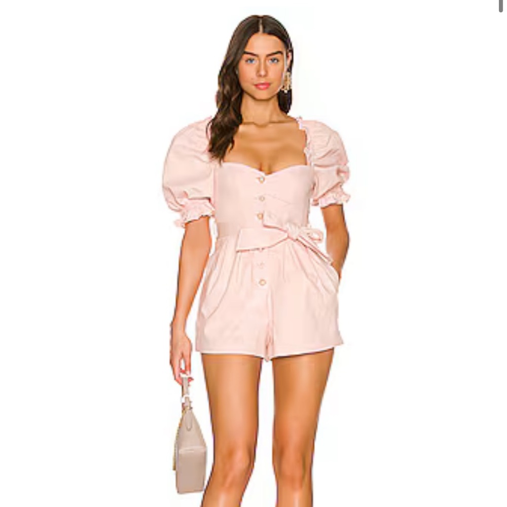 MAJORELLE‎ Revolve Pink Blush Denim Puff Sleeve Romper Pearl Buttons Barbiecore